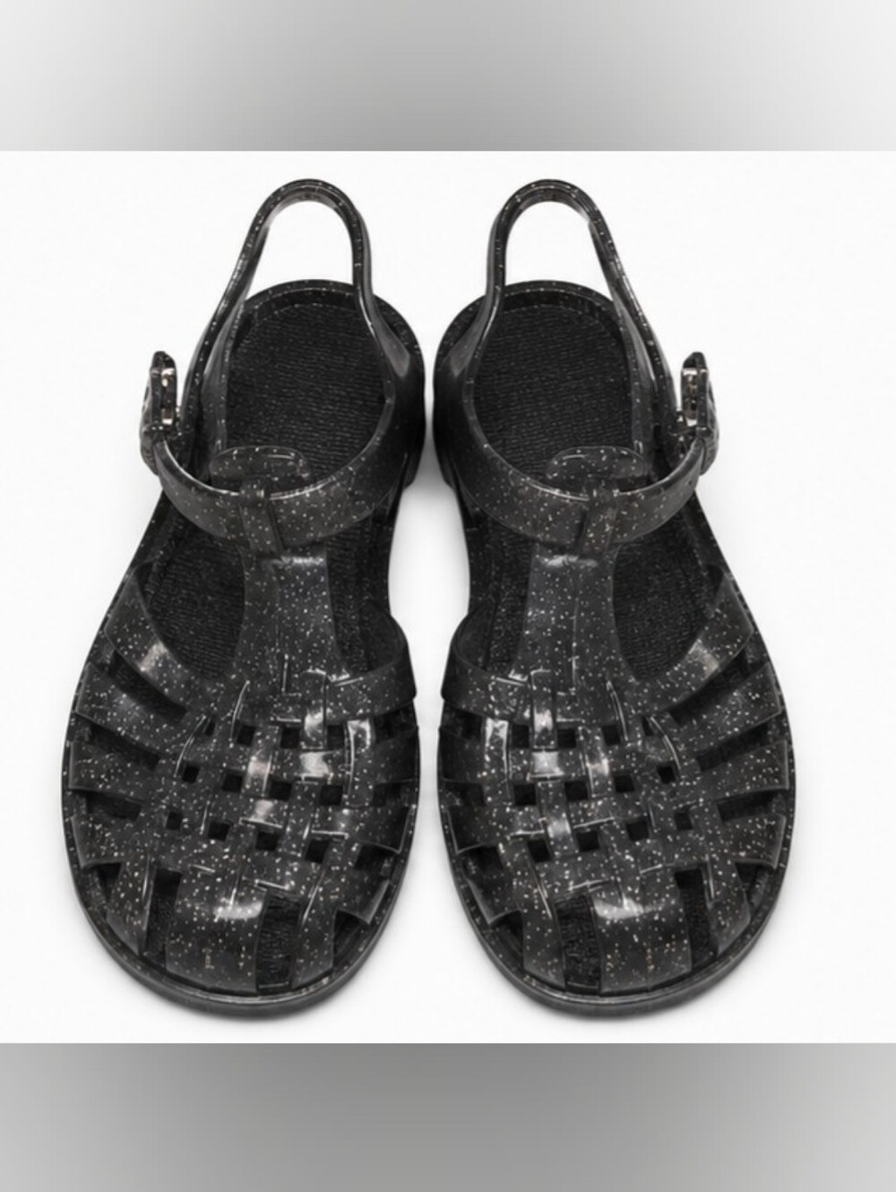 Girls Black Glitter Jelly Sandals – Size 8 Toddler – Buckle Strap Summer Shoes